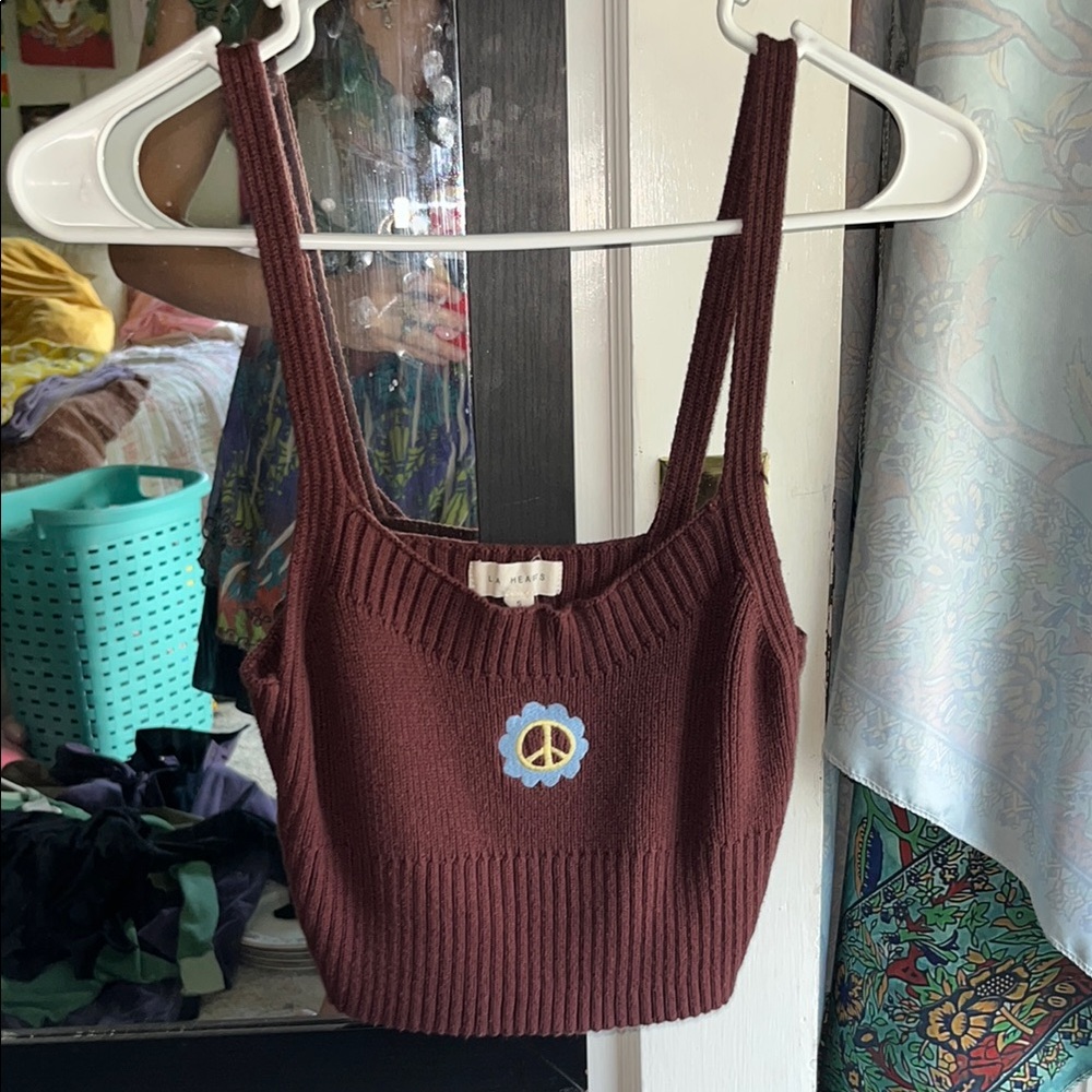 Pacsun Brown Knit Tank Top with Peace Sign